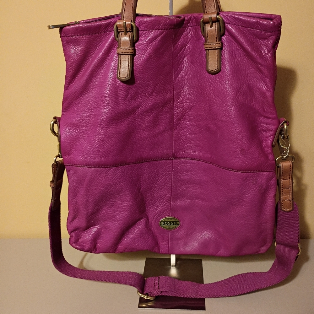 Fossil Explorer Fold Over Magenta Leather Tote with Tan Accents